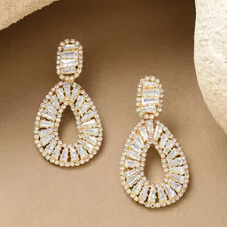 Rubans 18K Gold Plated Cubic Zirconia Studded Teardrop Shaped Drop Earrings-image-44