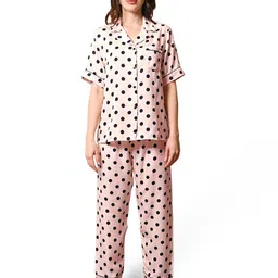 Sleepsia Women Blush Pink Polka Dot Satin Half Sleeves Shirt & Pyjama Night Set-image-98