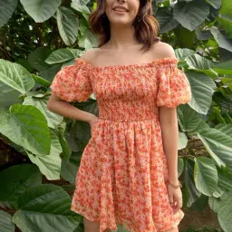 Rare Women Orange Colour Above Knee Floral Dress-image-47
