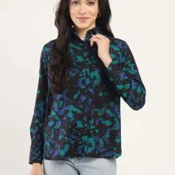 Hancock Black & Turquoise Blue Boyfriend Fit Printed Shirt-image-14