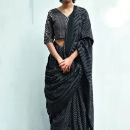 Chidiyaa Black Fly Me to Moon Nightingale Handblockprinted Cotton Saree-image-14