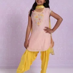 BIBA Girls Pink and Yellow Embroidered Kurta, Pajama and Dupatta-picture-38