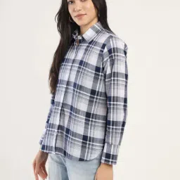 Hancock White & Navy Cotton Relaxed Fit Checked Shirt image 3