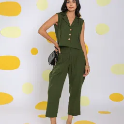 KAORI BY SHREYA AGARWAL Green Linen Solid Sleeveless Waistcoat image 5