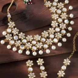 Peora Gold-Plated Flower Kundan Pearl Necklace with Maang Tikka Earring Jewellery Set-picture-42