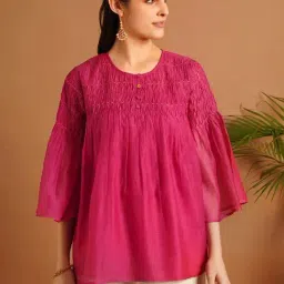 Jaypore Pink Embroidered Flare Fit Tunic image 3