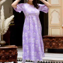 Miravan Purple Cotton Flared Floral Print Kurta-image-44