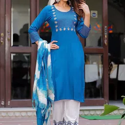 G4Girl Women Floral Yoke Design Regular Thread Work Kurta with Trousers & With Dupatta image 1