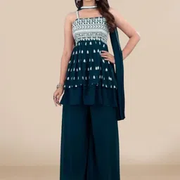 PARROT CREATION Women Embroidered Regular Sequinned Kurti with Sharara & With Dupatta-picture-26