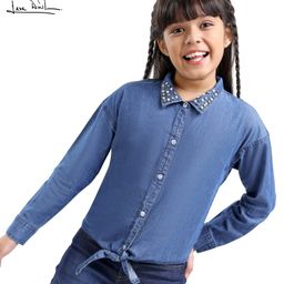 arias by lara dutta Arias Cotton Woven Full Sleeves  Knotted  Embellished Light Washed  Top - Blue-picture-25
