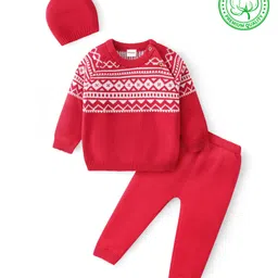 Babyhug Cotton Knit Full Raglan Sleeves Sweater Set with Cap Aztec Design - Red-picture-22