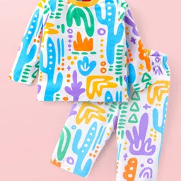 Babyhug Cotton Knit Full Sleeves Printed Night Suit - White-picture-12