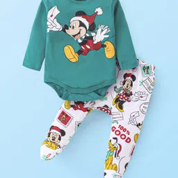 Babyhug Disney Lycra Knit Full Sleeves Onesie with Footed Lounge Pant & Mickey Mouse Graphics - Green & White-picture-13