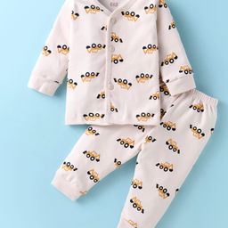 Simply Interlock Knit Full Sleeves Car Printed Night Suit - Off White-picture-45