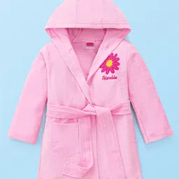 Babyhug Terry Knit Full Sleeve Hooded Bathrobe With Elastic At Waist & Floral Embroidery - Pink-image-99