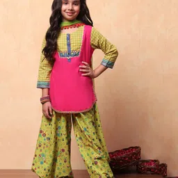 BIBA Cotton Three Fourth Sleeves Floral Printed Gota Lace Embellished Kurta With Coordinating Salwar & Dupatta Set - Pink-picture-34