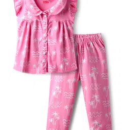 Babyhug Cotton Knit Frill Sleeves Co-ords Front Open Night Suit With Floral Print - Pink-image-43