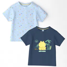 Nauti Nati Cotton Pack Of 2 Half Sleeves Frog & Trees Printed Tees - Light & Navy Blue-image-89