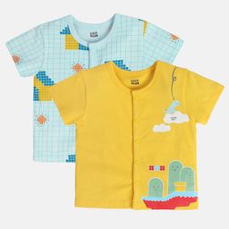 MINI KLUB Cotton Knit Pack Of 2 Half Sleeves Checked & Dinosaur Printed Jhablas - Blue & Yellow-picture-27