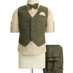 Rikidoos Full Sleeves Ribbed 3 Piece Party Suit Set With Bow - Olive & Light Brown-picture-18