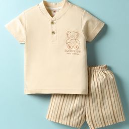 Zero Sinker Knit Half Sleeves Shorts Night Suit with Teddy Print & Stripes - Beige-picture-9