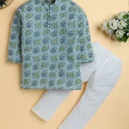 Polka Tots Cotton Woven Full Sleeves Floral Printed Kurta Pyjama Set - Green-picture-14