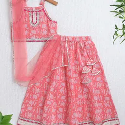 The Magic Wand Cotton Woven Sleeveless Floral Printed & Gota Lace Embellished Lehenga Choli With Dupatta Set - Peach-picture-33