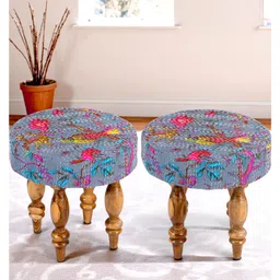 Ikiriya Roswell Sheesham Wood Mid Century Round Set of 2 Stools / Pouf Stools / Pouffee / Foot Stool / Ottoman in Grey Brid Print Kantha Upholstery-image-14