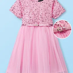 Hola Bonita Knit Half Sleeves Glitter Mesh Party Dress With Sequinned Yoke & Belt - Pink-picture-26