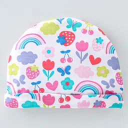 Babyhug 100% Cotton Knit Cap Mittens & Booties  Rainbow Print- White image 3