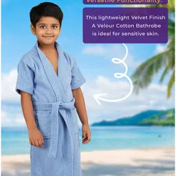 Rangoli Mini Noble Cotton Full Sleeves Solid Ultra Soft Bathrobe With Attached Adjustable Belt - Blue image 4