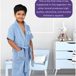 Rangoli Mini Noble Cotton Full Sleeves Solid Ultra Soft Bathrobe With Attached Adjustable Belt - Blue image 5