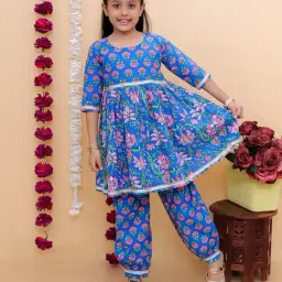 The Mom Store Girls Blue Cotton Floral Kurta Set-picture-32