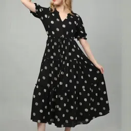 MEHVISH Women V-Neck Printed Puff Sleeve Fit and Flare Midi Dress image 2