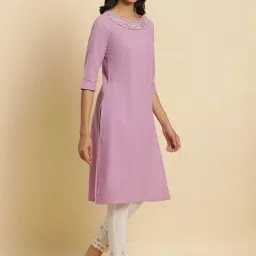 W Purple Cotton Embroidered Straight Kurta image 5