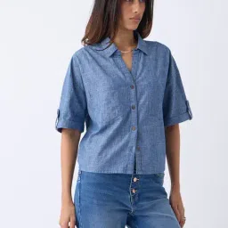 LOV by Westside Blue Solid Denim Shirt-image-78