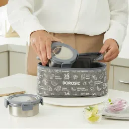 Borosil Stainless Steel Grey Lunch Boxes with Bag & Microwave Oven Safe ( Set of 4 ) image 5