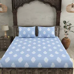 JaipurFabric Blue Pure Cotton 300 TC Ethnic Kalash King Size Bedsheet with 2 Pillow Covers-image-84