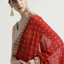 Jaipur Kurti Red Embroidered Saree With Unstitched Blouse image 5