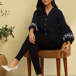 Biba Navy Cotton Embroidered A Line Short Kurti image 5