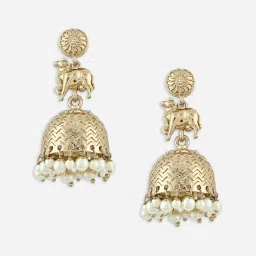 Fida White Ethnic Wedding Dome Shape Pearl Nandi Cow Temple Jhumki Earrings image 5