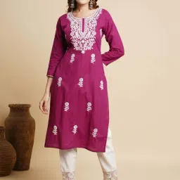 Fashor Purple Cotton Embroidered Straight Kurta-image-10