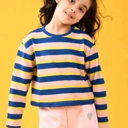 Anthrilo Girls Pink & Navy Striped Full Sleeves Crop Top-picture-18
