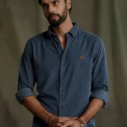 ANDAMEN Blue Slim Fit Corduroy Shirt-image-0