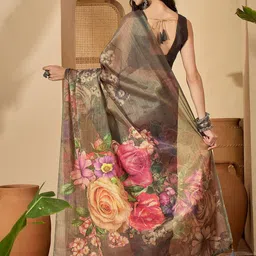 Satrani Floral Printed Pure Cotton Saree With Unstiched Blouse Piece image 5