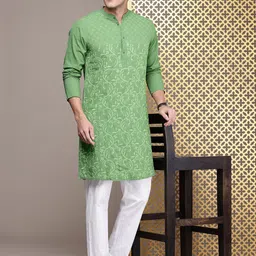 House of Pataudi Embroidered Jashn Pure Cotton Kurta with Trousers-image-59