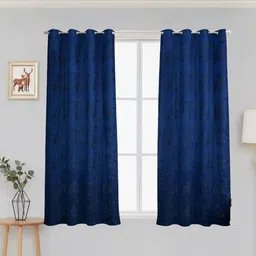 Aura Blue 2 Pieces Self Design Velvet Black Out Eyelet Window Curtain-image-44