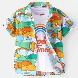 Babyhug Cotton Woven Half Sleeves Sun & Rainbow Printed Shirt with T-Shirt - Multicolour-picture-14