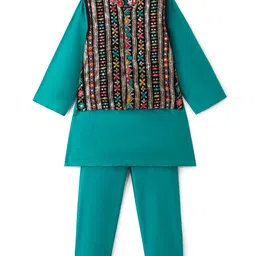 Babyhug Woven Full Sleeves Solid Colour Kurta Pyjama Set with Floral Embroidered Jacket - Teal Blue-image-6