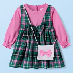 Babyhug Cotton Woven Full Sleeves Checkered Frock with Sling Bag & Bow Applique - Pink-picture-36